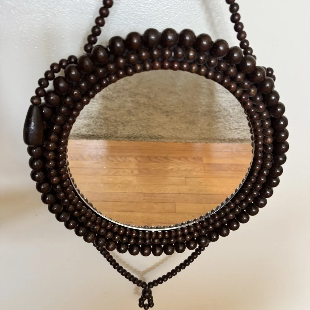 Vintage Hanging Wooden Beaded Round Mirror 1970s Boho Chic Eclectic Accent Wall